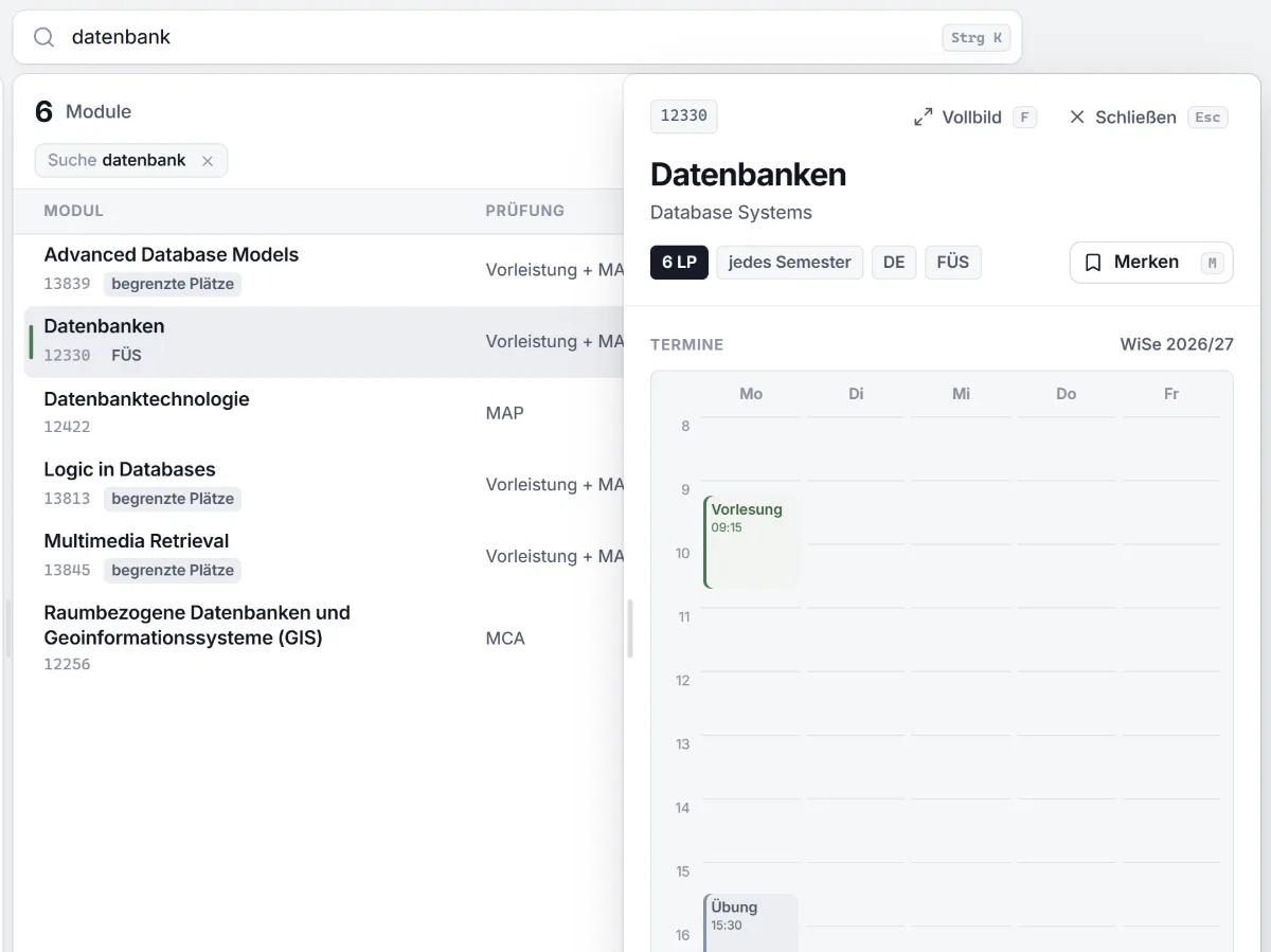Der Modulkatalog: die Suche „datenbank“ mit sechs Treffern, rechts das Modul Datenbanken mit seinem Wochenplan