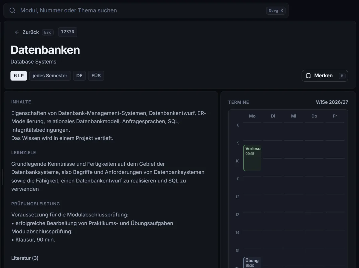 Die Seite des Moduls Datenbanken: Inhalte, Lernziele, Prüfungsleistung und der Wochenplan der Termine