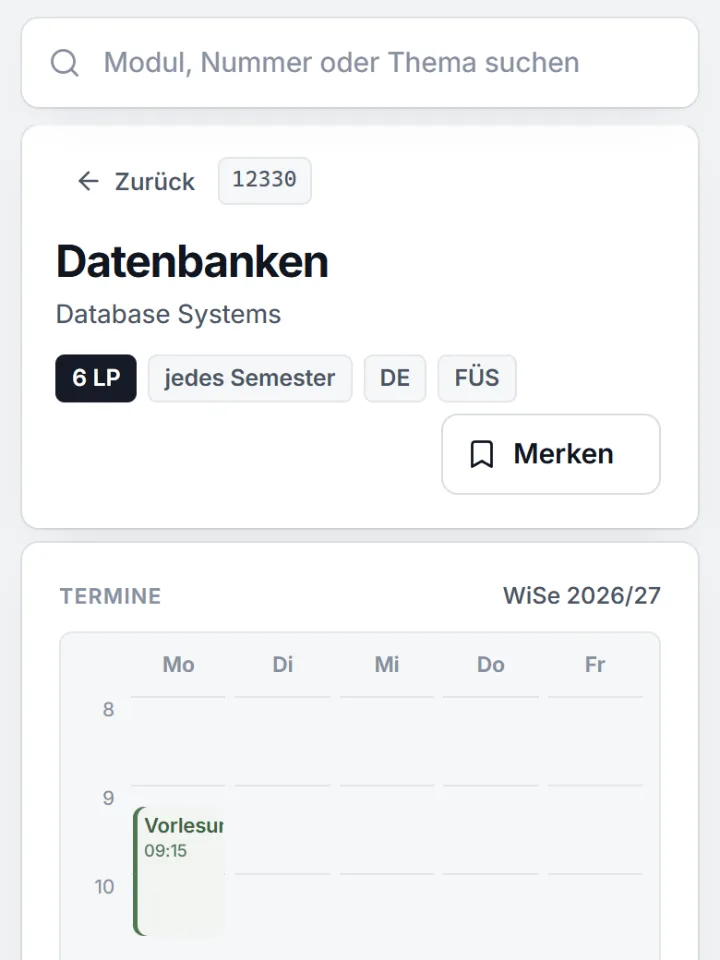 Die Seite eines Moduls am Handy