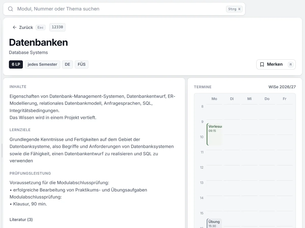 Die Seite des Moduls Datenbanken: Inhalte, Lernziele, Prüfungsleistung und der Wochenplan der Termine